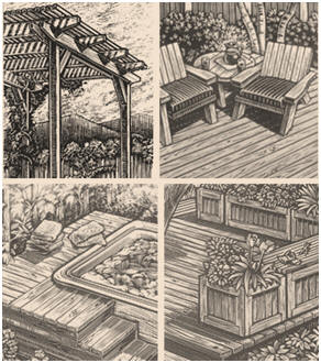 Free DIY Deck Building and Deck Furnishing Plans from the California Redwood Association - Use these detailed plans for building your own deck, deck planters, a bench that doubles as a deck railing and a shady pergola.